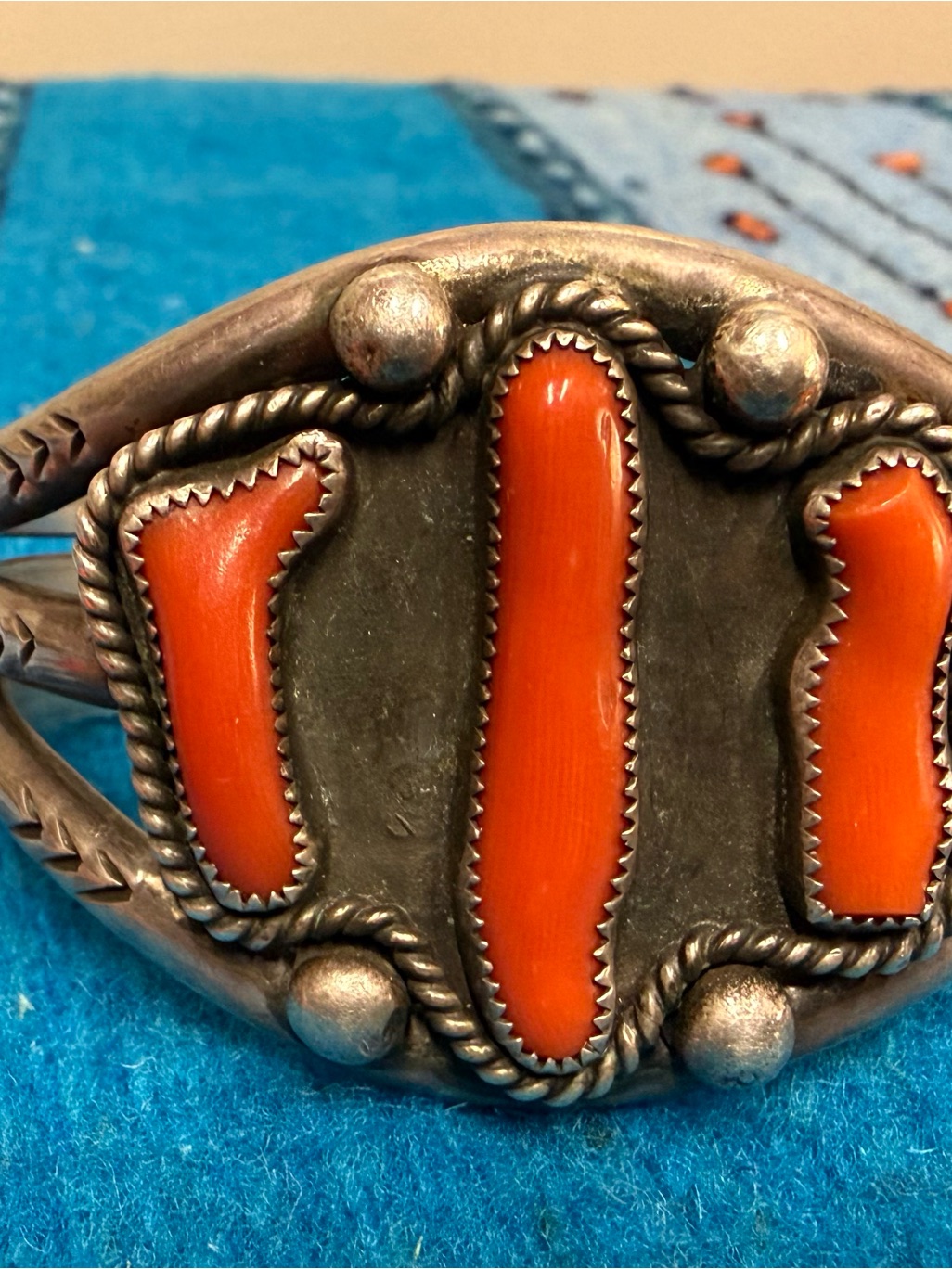 Native American Sterling Silver Coral Cuff Bracelet